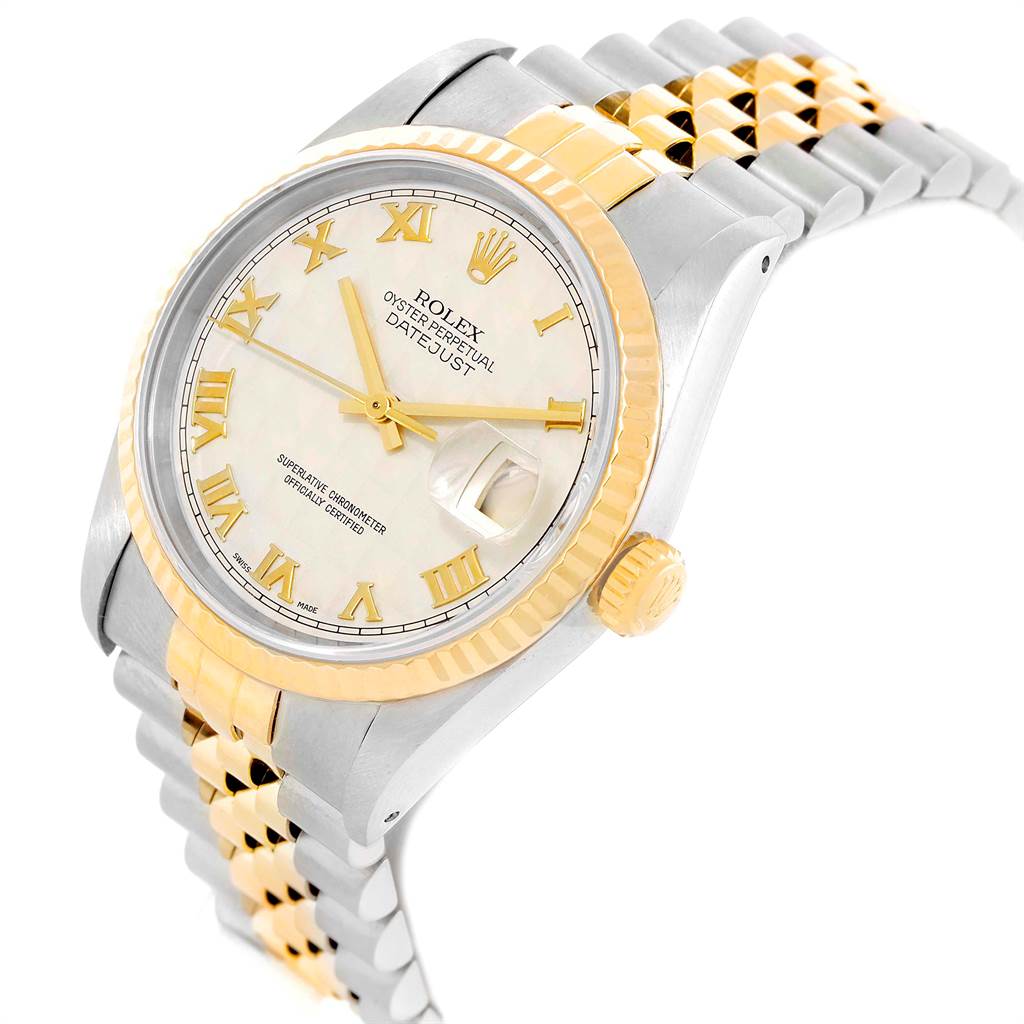 The image shows a Rolex Datejust 16233 Men
s Steel and Gold (two tone) Beige Dial 16233 Men
s Steel and Gold (two tone) Beige Dial watch at an angled view displaying its face, bezel, crown, and part of the bracelet.
