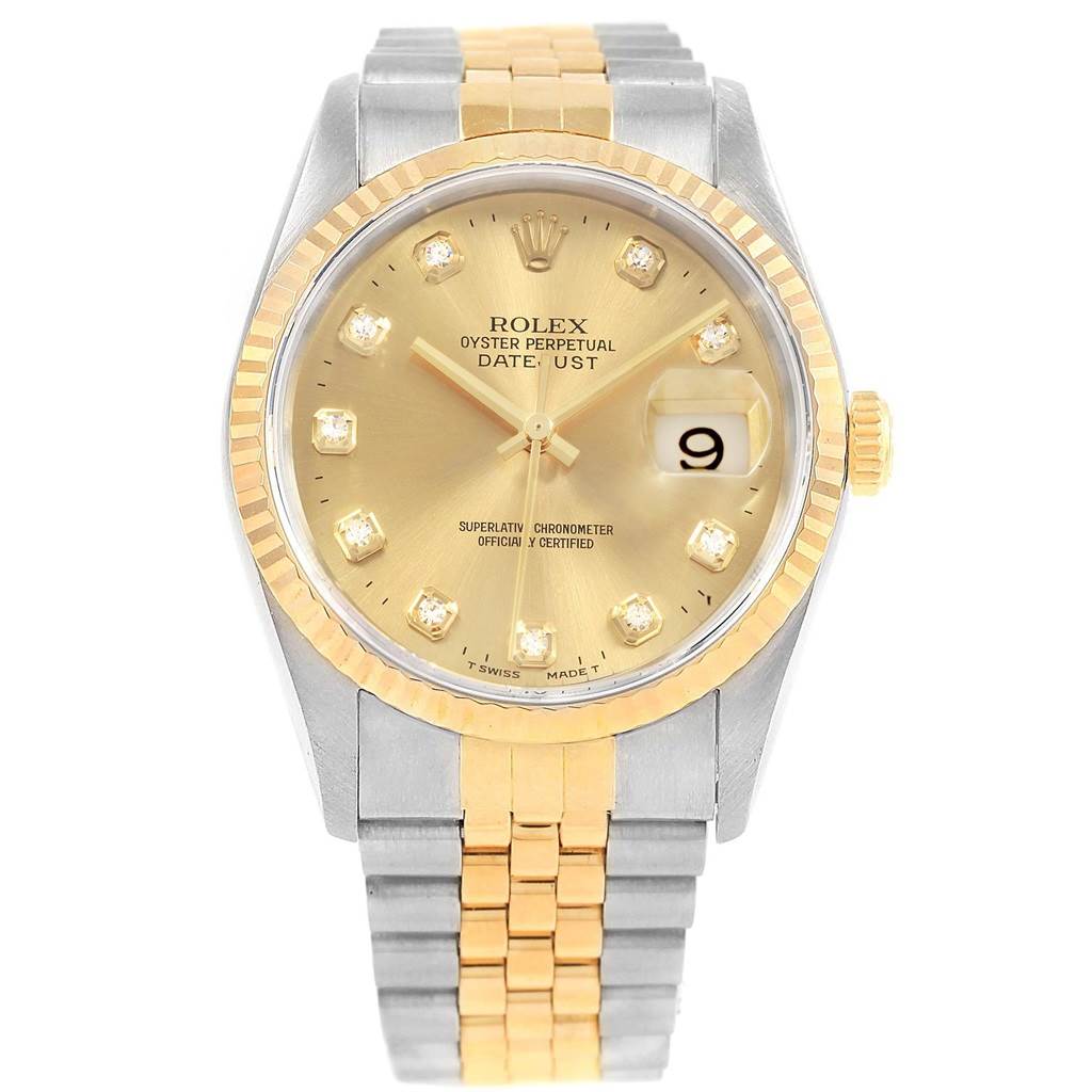 The image shows a Rolex Datejust 16233 Men's Steel and Gold (two tone) Champagne Dial 16233 Men's Steel and Gold (two tone) Champagne Dial watch from a front angle, highlighting its dial, bezel, and two-tone bracelet.