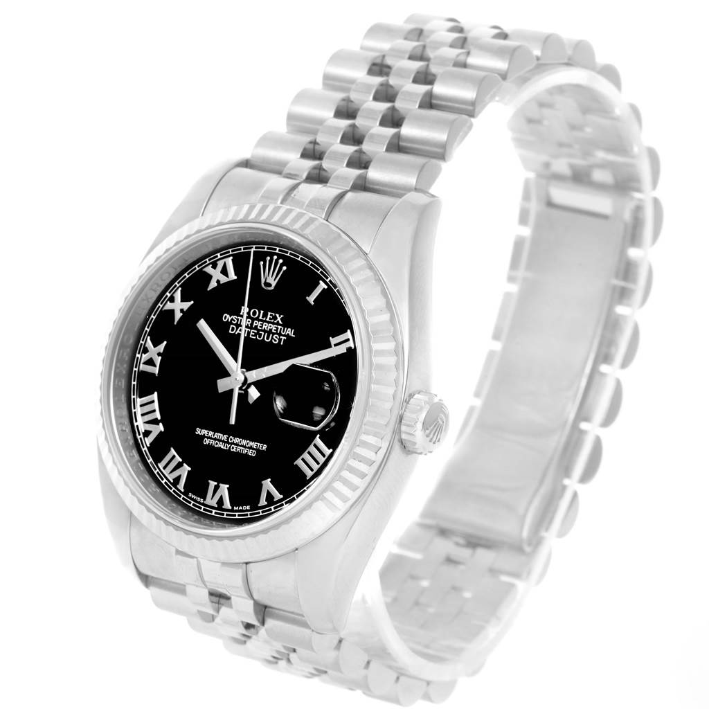 The Rolex Datejust 116234 Men's Stainless Steel Black Dial 116234 Men's Stainless Steel Black Dial watch is shown at a three-quarter angle, highlighting the face, dial, fluted bezel, and Jubilee bracelet.