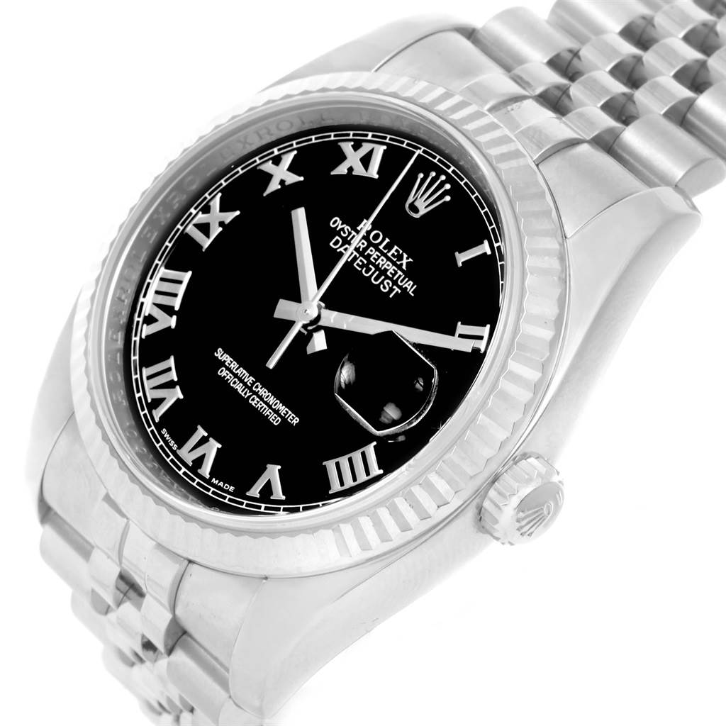 The image shows a close-up front and slight side angle of a Rolex Datejust 116234 Men's Stainless Steel Black Dial 116234 Men's Stainless Steel Black Dial watch, highlighting the dial, bezel, and part of the bracelet.