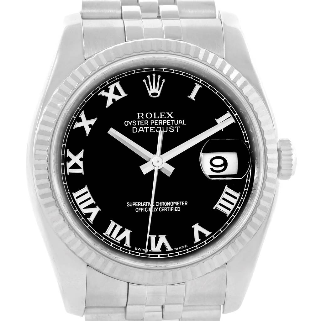 The image shows a front view of a Rolex Datejust 116234 Men's Stainless Steel Black Dial 116234 Men's Stainless Steel Black Dial watch, displaying its black dial, Roman numerals, date window, and part of the bracelet.