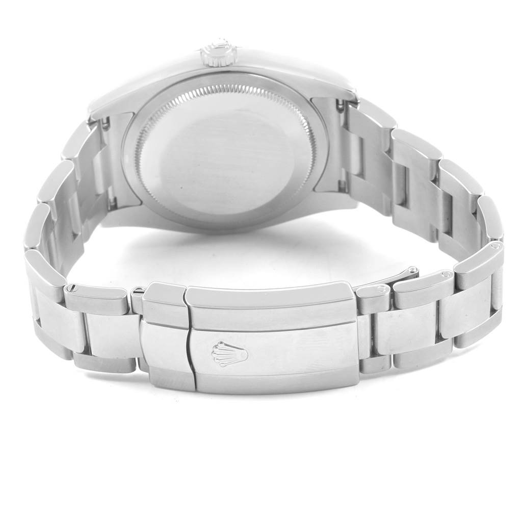 This image shows the back of a Rolex Datejust 116200 Men's Stainless Steel Blue Dial 116200 Men's Stainless Steel Blue Dial watch, focusing on the caseback and stainless steel bracelet with the clasp.