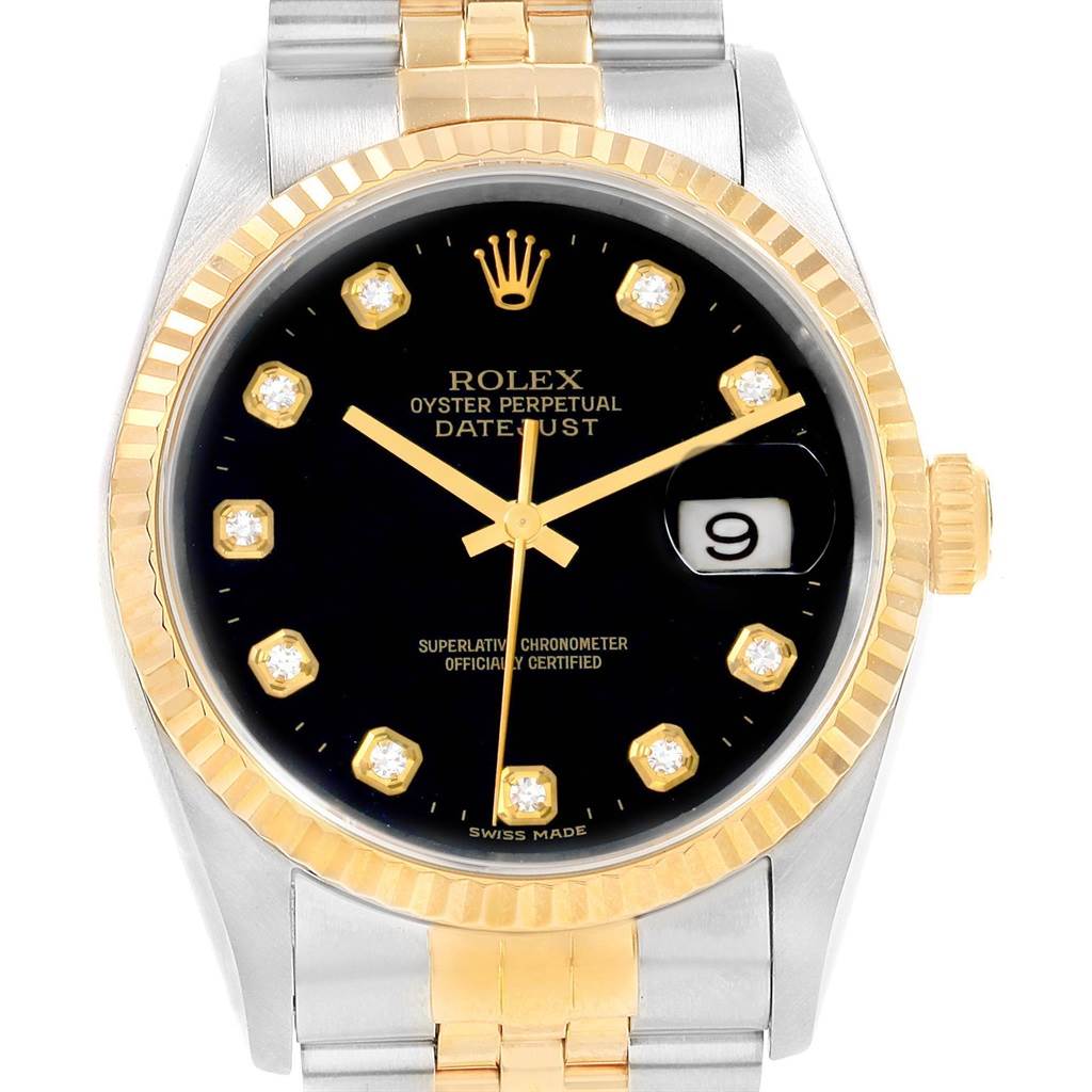 The image shows a Rolex Datejust 16233 Men's Steel and Gold (two tone) Black Dial 16233 Men's Steel and Gold (two tone) Black Dial watch from the front, highlighting its black dial, gold hour markers, fluted bezel, and two-tone bracelet.