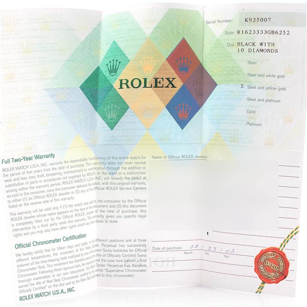 This image shows the warranty card and chronometer certification for a Rolex Datejust 16233 Men's Steel and Gold (two tone) Black Dial 16233 Men's Steel and Gold (two tone) Black Dial watch, detailing its specifications and purchase date.