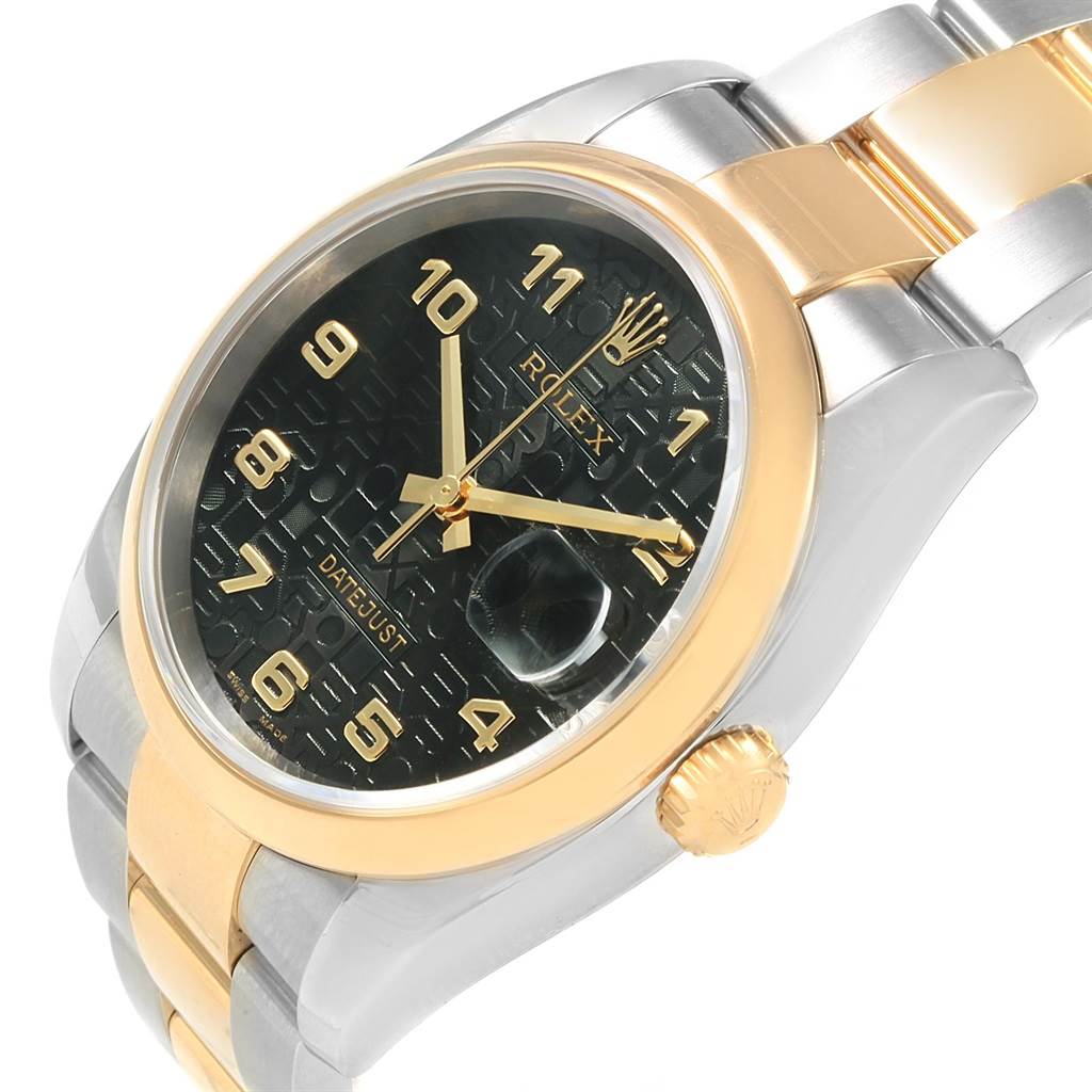 The Rolex Datejust 116203 Men's Stainless Steel Black Dial 116203 Men's Stainless Steel Black Dial watch is shown at an angle revealing the face, bezel, crown, and part of the bracelet.