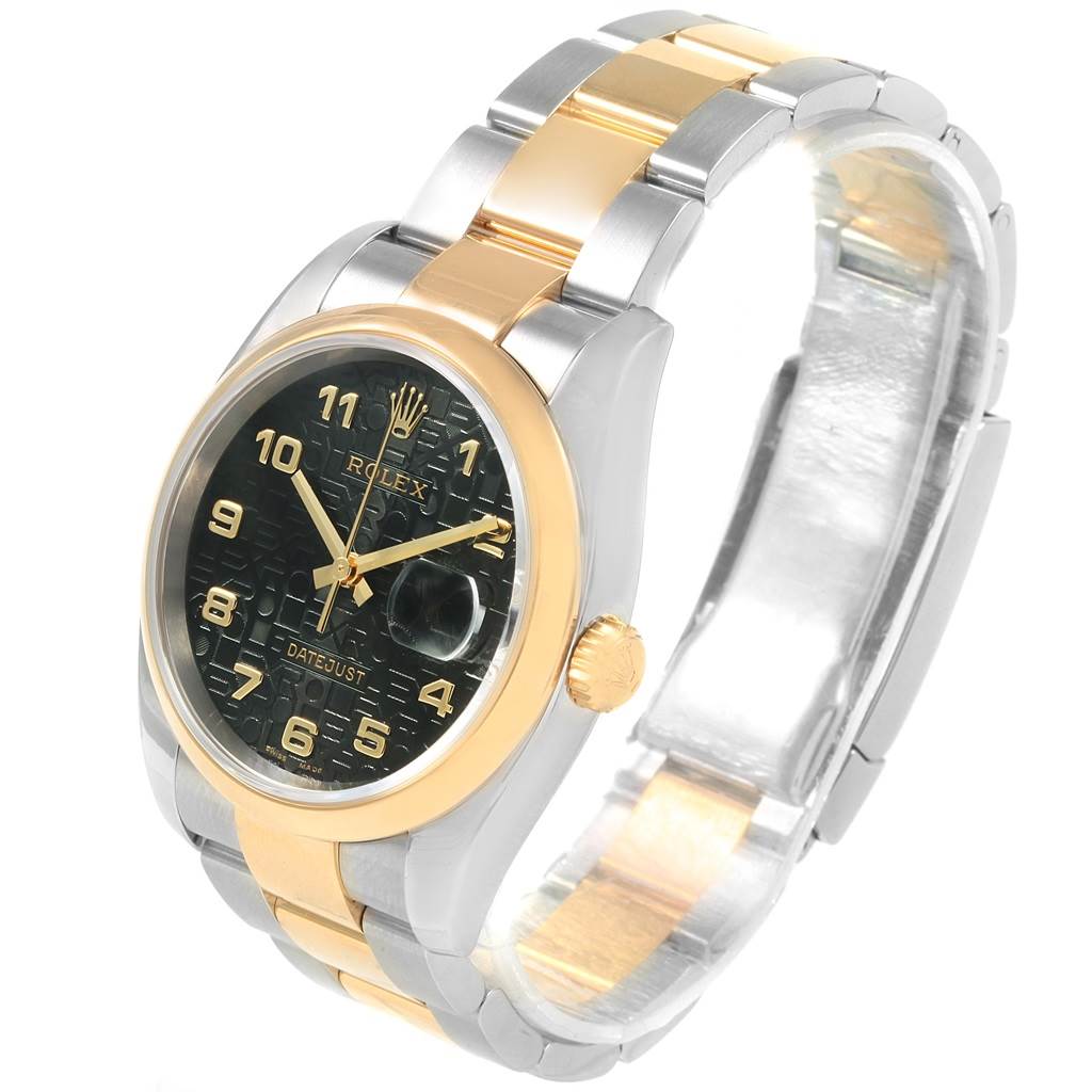The image shows a side view of a Rolex Datejust 116203 Men's Stainless Steel Black Dial 116203 Men's Stainless Steel Black Dial watch, highlighting the face, bezel, crown, and bracelet.