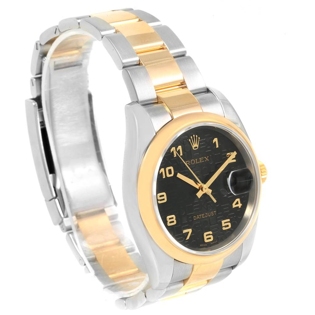 The image shows a Rolex Datejust 116203 Men's Stainless Steel Black Dial 116203 Men's Stainless Steel Black Dial watch viewed from the side, displaying the dial, case, and bracelet.