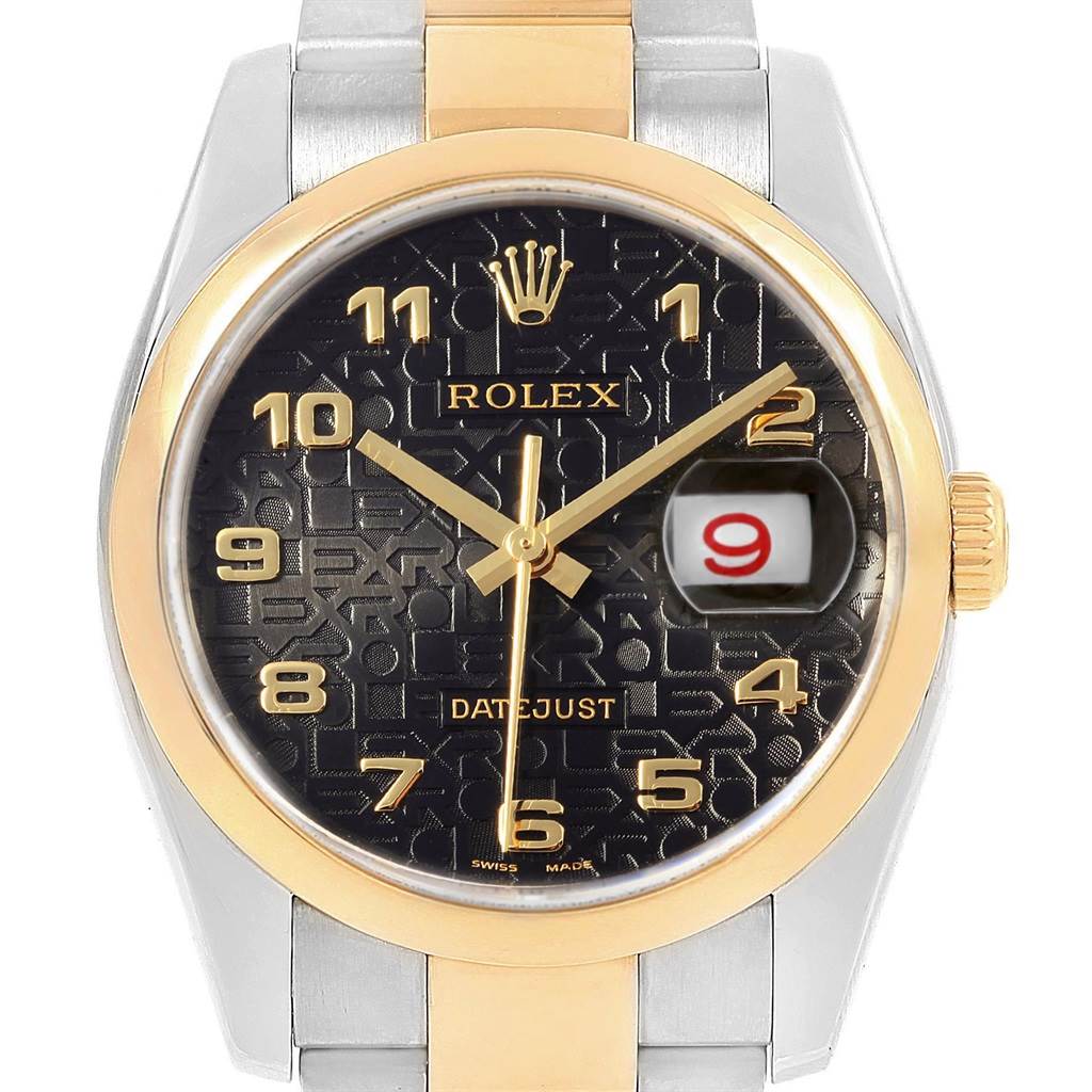 This image shows the face of a Rolex Datejust 116203 Men's Stainless Steel Black Dial 116203 Men's Stainless Steel Black Dial watch, highlighting the dial, hands, date window, and two-tone bezel.