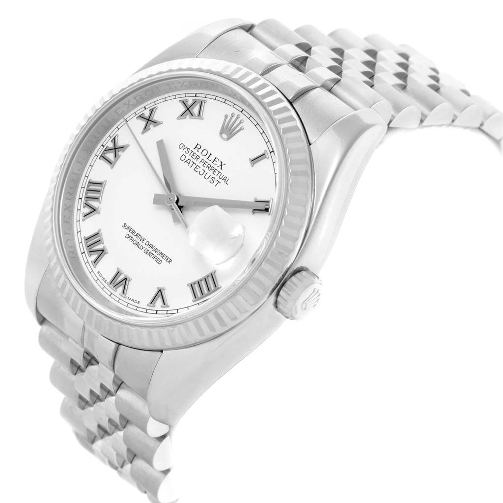 The image shows a side and partial top view of a Rolex Datejust 392T2233 Men
s Stainless Steel White Dial 392T2233 Men
s Stainless Steel White Dial watch, highlighting its face, crown, and bracelet.