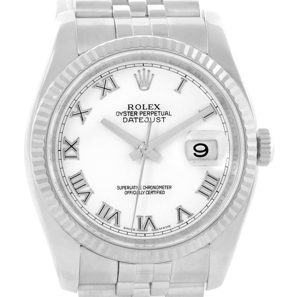 The image shows a front view of the Rolex Datejust 392T2233 Men
s Stainless Steel White Dial 392T2233 Men
s Stainless Steel White Dial watch, highlighting its white dial, Roman numeral markers, and date window.