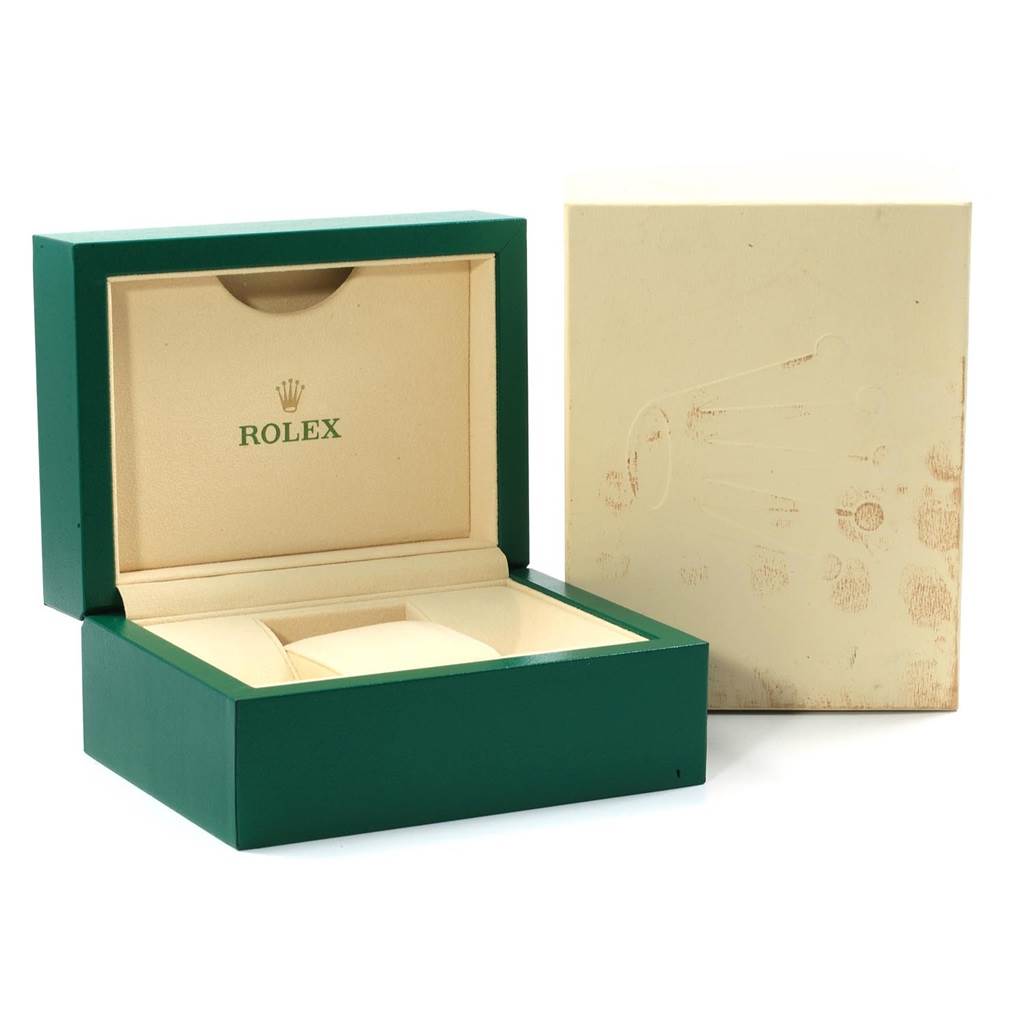 This image shows the open packaging box of a Rolex Datejust 392T2233 Men
s Stainless Steel White Dial 392T2233 Men
s Stainless Steel White Dial watch, including the padded watch holder inside.