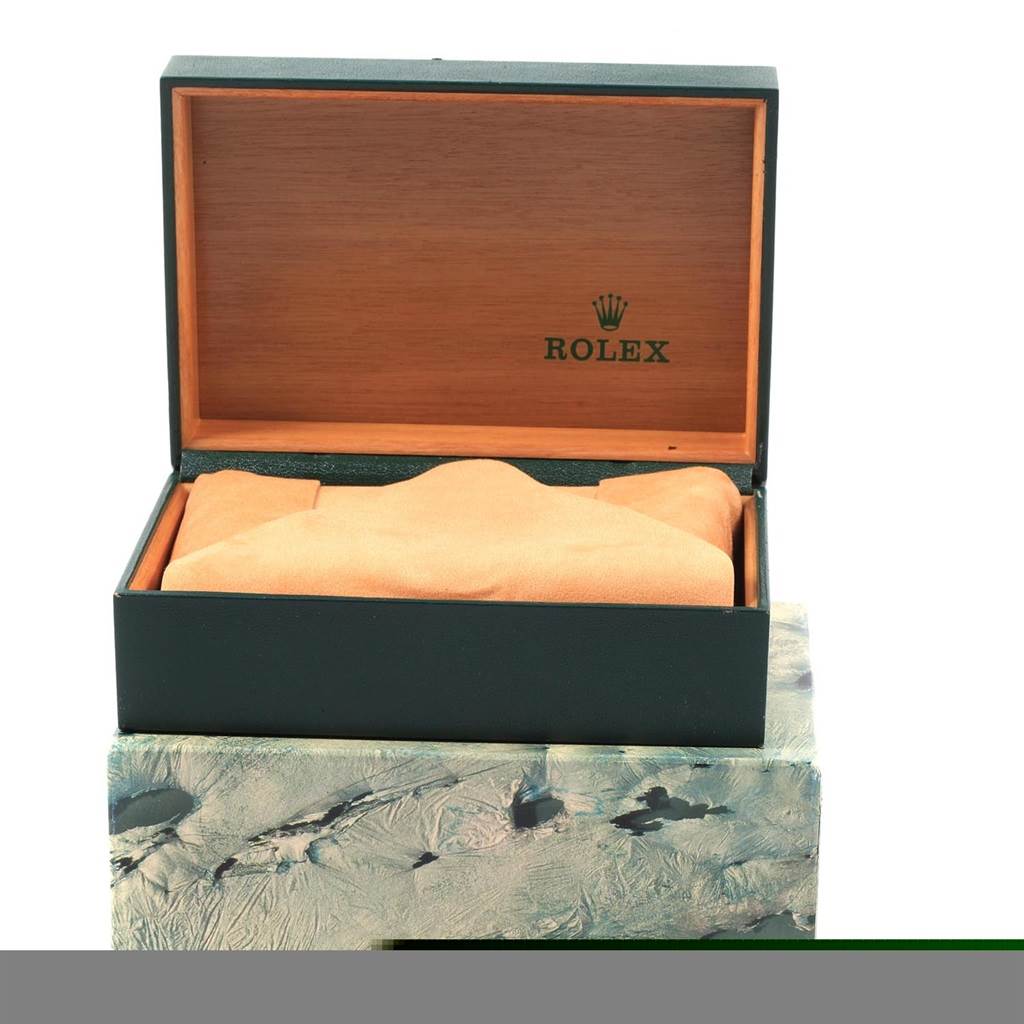 The image shows an open Rolex Datejust 16233 Men's Steel and Gold (two tone) Black Dial 16233 Men's Steel and Gold (two tone) Black Dial box with interior cushioning, viewed from the front angle.