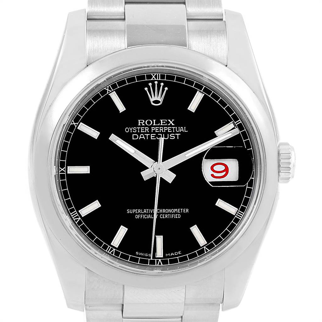 The Rolex Datejust 116200 Men's Stainless Steel Black Dial 116200 Men's Stainless Steel Black Dial watch is shown from the front, displaying the face, bezel, and upper bracelet links.