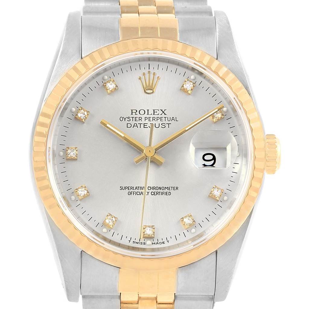 This is a frontal view of a Rolex Datejust 16233 Men's Steel and Gold (two tone) Silver Dial 16233 Men's Steel and Gold (two tone) Silver Dial model watch, showing the dial, bezel, and part of the bracelet.