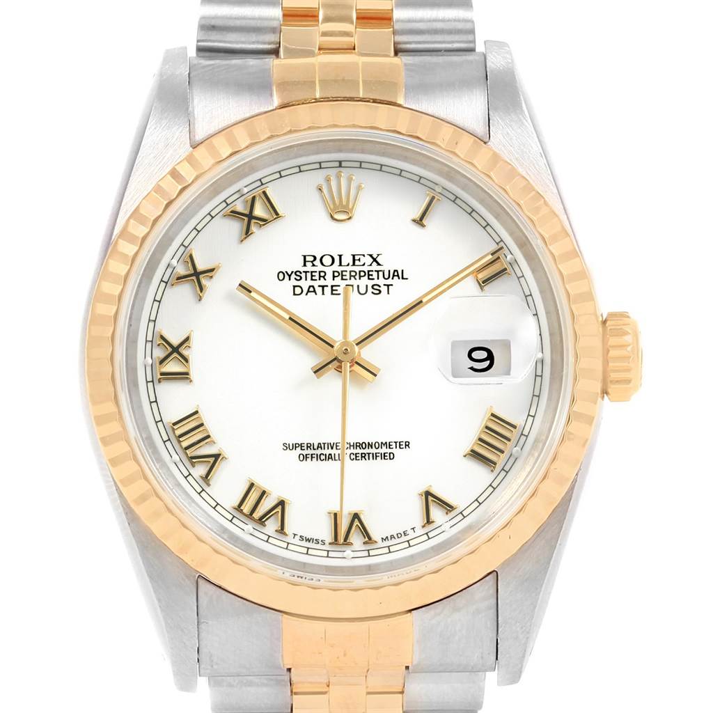 The image shows a front view of a Rolex Datejust 16233 Men's Steel and Gold (two tone) White Dial 16233 Men's Steel and Gold (two tone) White Dial watch, highlighting its dial, bezel, hands, and date window.