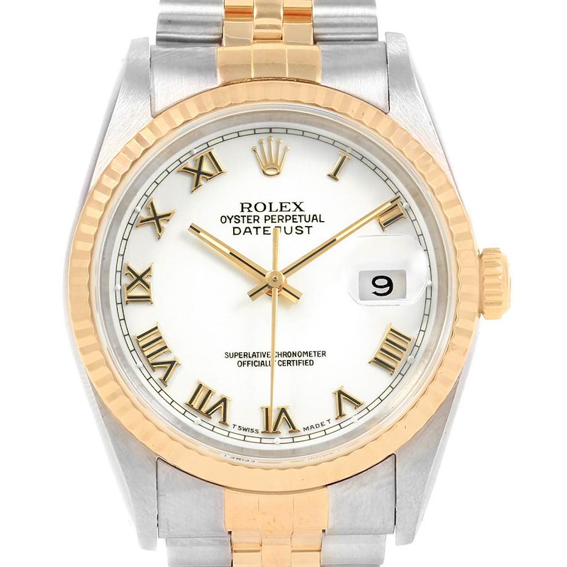 Rolex Datejust Steel 18K Yellow Gold White Roman Dial Mens Watch 16233 SwissWatchExpo