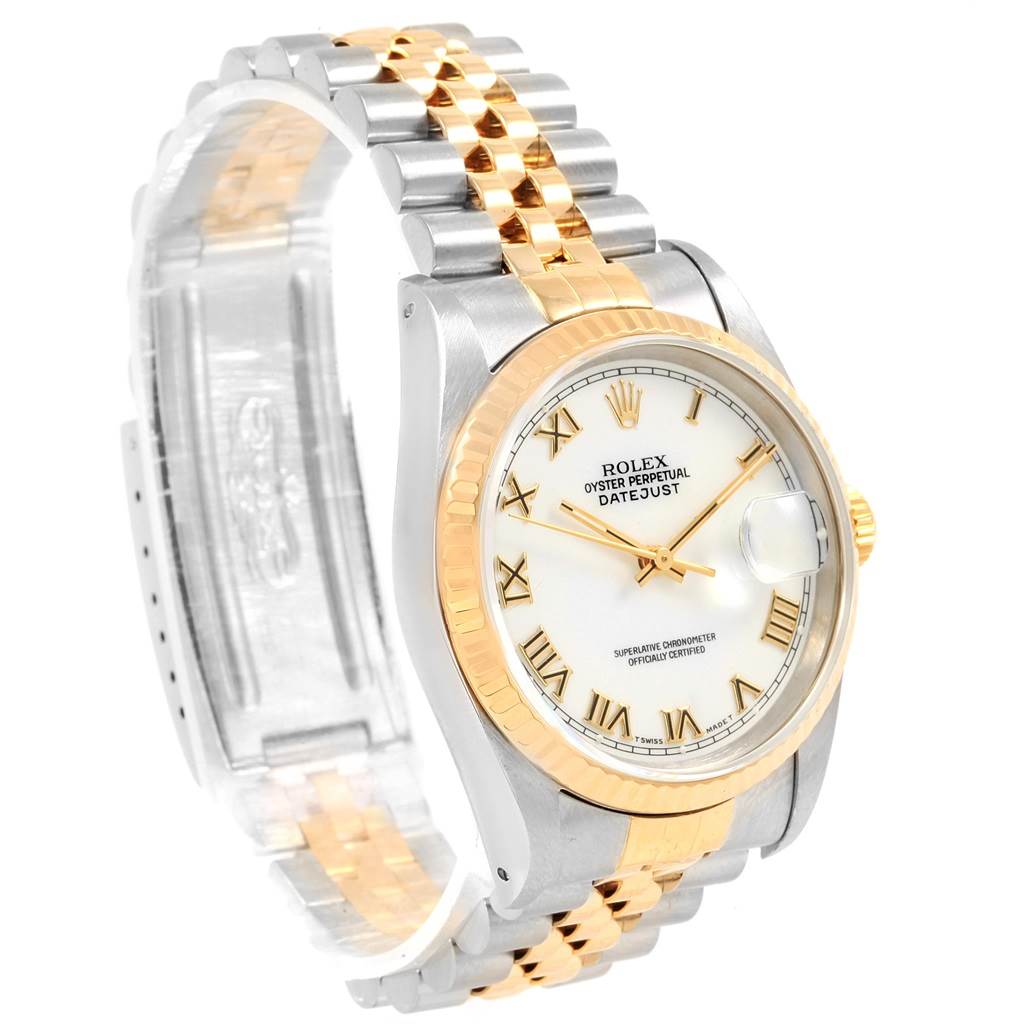 The image shows a Rolex Datejust 16233 Men's Steel and Gold (two tone) White Dial 16233 Men's Steel and Gold (two tone) White Dial watch from a front-left angle, highlighting its two-tone bracelet and fluted bezel.