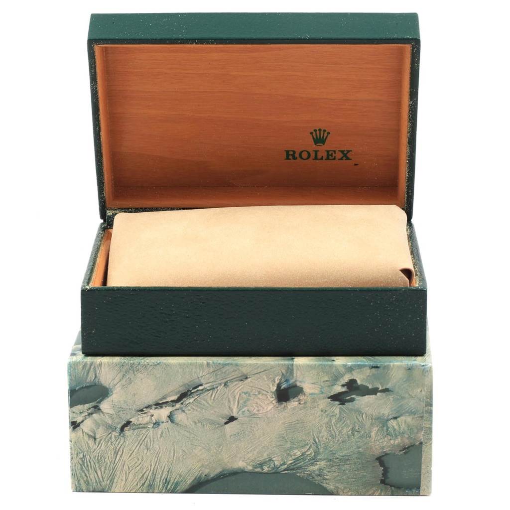 The image shows an open box for a Rolex Datejust 16233 Men's Steel and Gold (two tone) White Dial 16233 Men's Steel and Gold (two tone) White Dial watch, showing the interior cushion and lid with the brand logo.