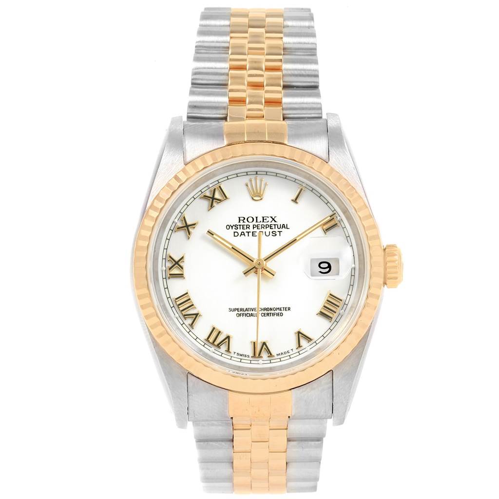 This image shows a front view of a Rolex Datejust 16233 Men's Steel and Gold (two tone) White Dial 16233 Men's Steel and Gold (two tone) White Dial watch, highlighting its dial, bezel, and bracelet.