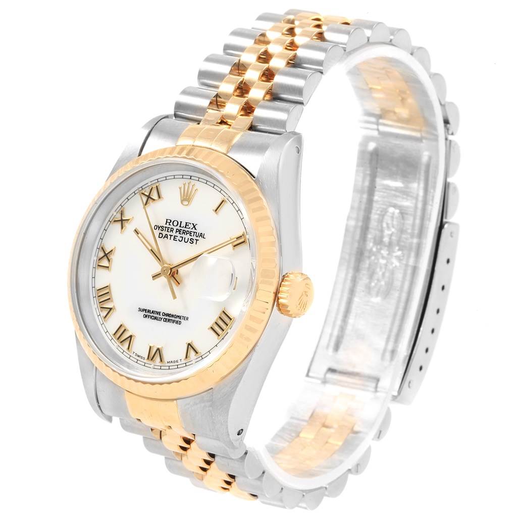 This image shows a side angle of a Rolex Datejust 16233 Men's Steel and Gold (two tone) White Dial 16233 Men's Steel and Gold (two tone) White Dial watch, displaying the dial, fluted bezel, two-tone jubilee bracelet, and the crown.