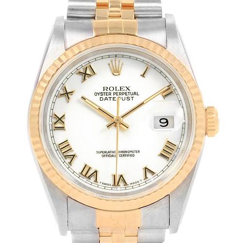 Photo of Rolex Datejust Steel 18K Yellow Gold White Roman Dial Mens Watch 16233
