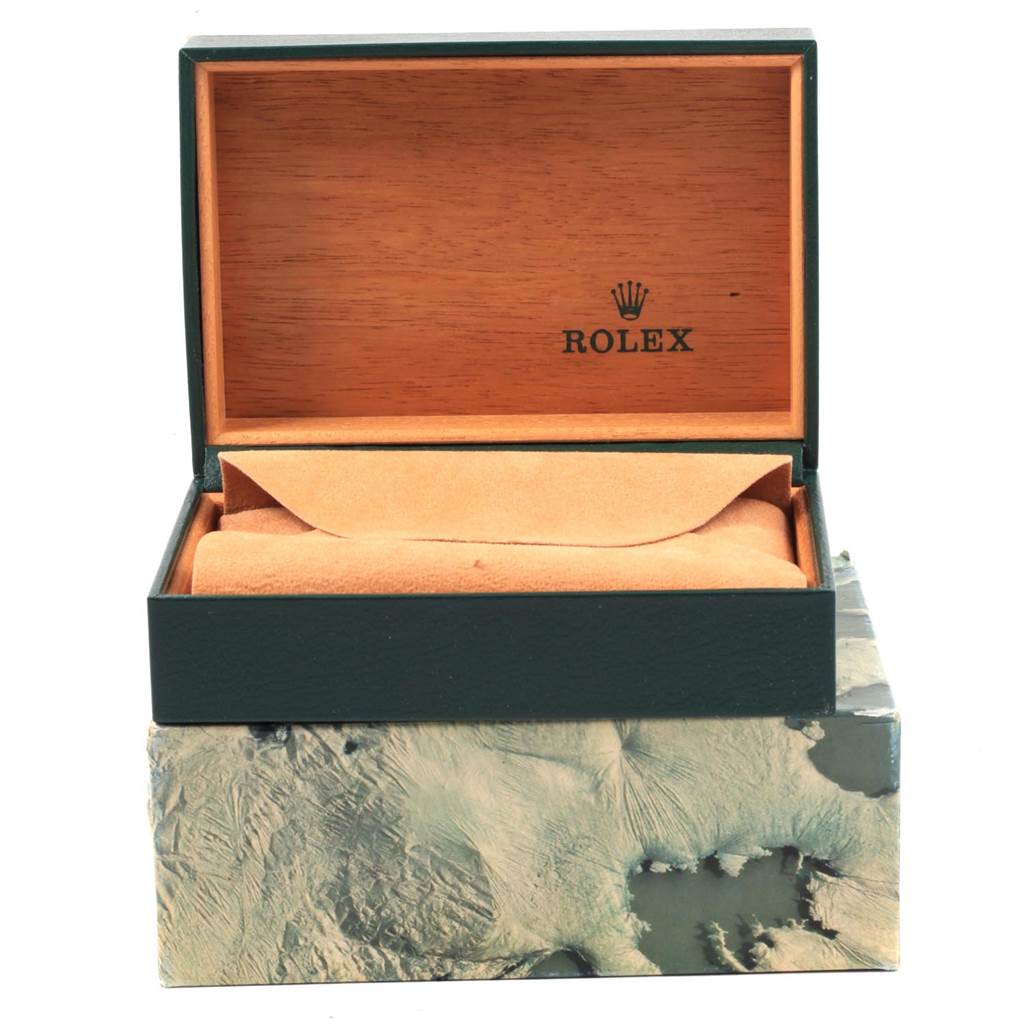The image shows an open Rolex Datejust 16233 Men's Steel and Gold (two tone) Champagne Dial 16233 Men's Steel and Gold (two tone) Champagne Dial watch box with an inner leather cushion, photographed from the front.