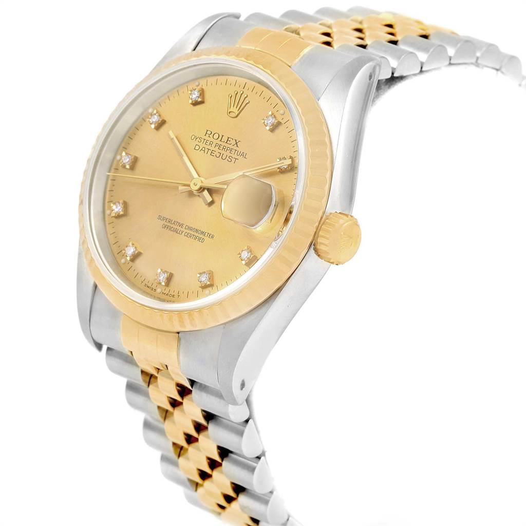 This Rolex Datejust 16233 Men's Steel and Gold (two tone) Champagne Dial 16233 Men's Steel and Gold (two tone) Champagne Dial watch is shown at a slight angle, highlighting its face, bezel, case, crown, and bracelet.