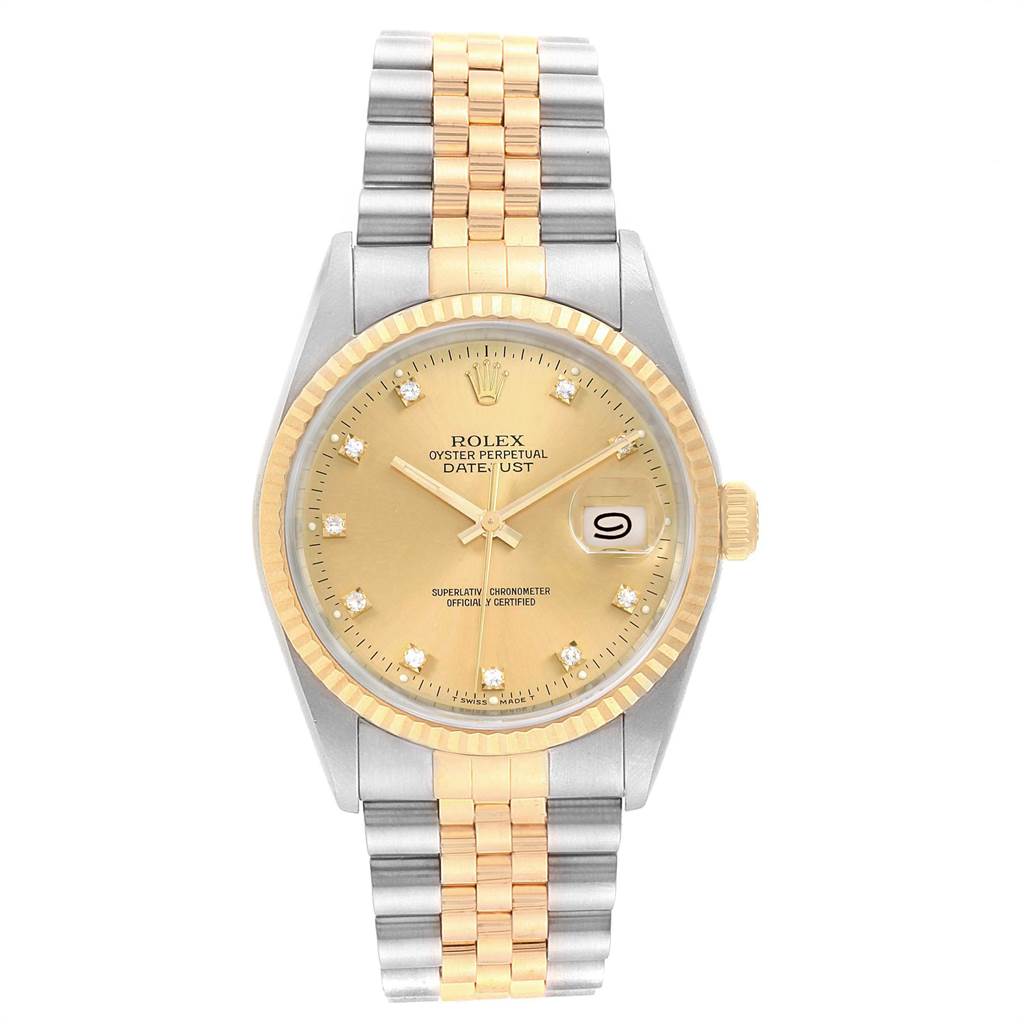 The image shows a front view of a Rolex Datejust 16233 Men's Steel and Gold (two tone) Champagne Dial 16233 Men's Steel and Gold (two tone) Champagne Dial watch, displaying its gold dial, two-tone bracelet, and date window.