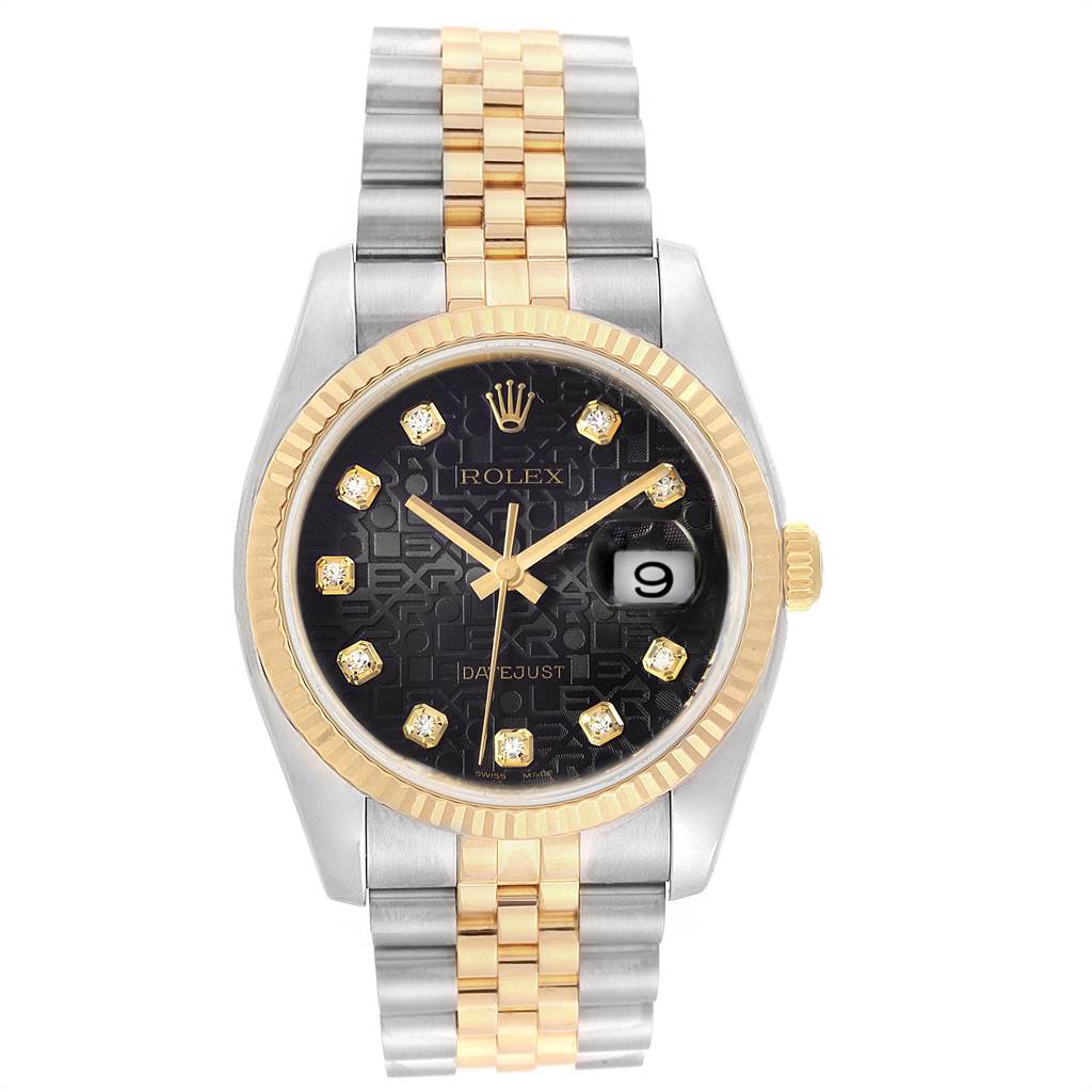 The Rolex Datejust 116233 Men's Stainless Steel Black Dial 116233 Men's Stainless Steel Black Dial watch is shown face-forward, displaying its dial, bezel, and two-tone bracelet.
