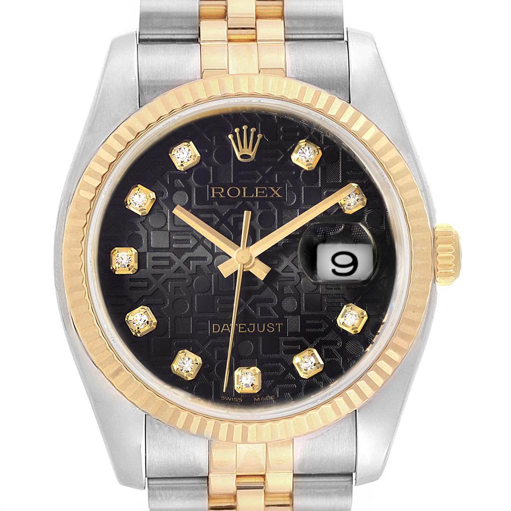 This image shows a front view of a Rolex Datejust 116233 Men's Stainless Steel Black Dial 116233 Men's Stainless Steel Black Dial watch featuring a gold and stainless steel band, with a black dial and diamond markers.