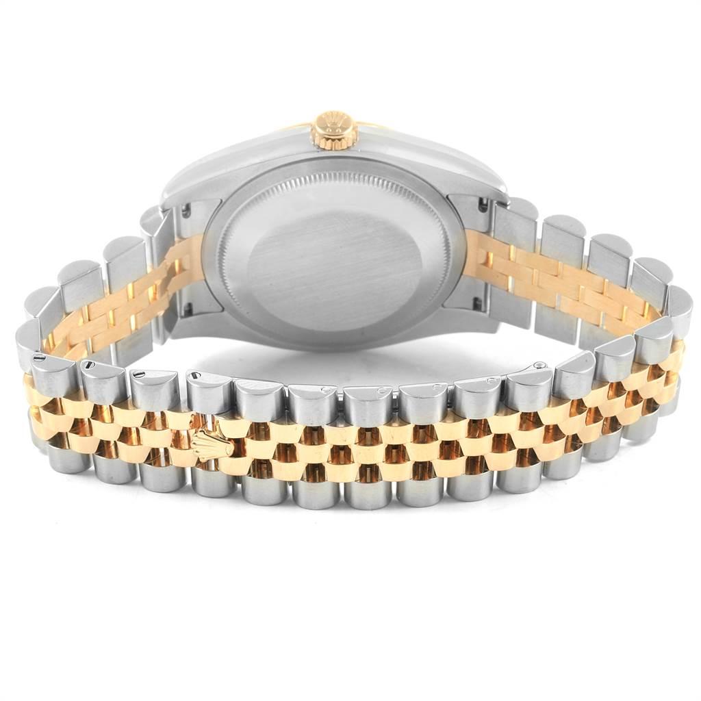 The image shows the back of a Rolex Datejust 116233 Men's Stainless Steel Black Dial 116233 Men's Stainless Steel Black Dial watch, highlighting its two-tone bracelet and case back.