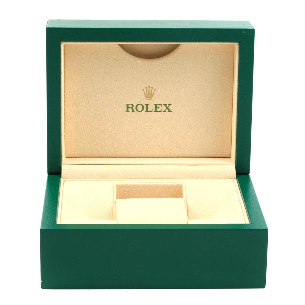 The image shows an open, empty Rolex Datejust 116233 Men's Stainless Steel Black Dial 116233 Men's Stainless Steel Black Dial watch box from a front angle.