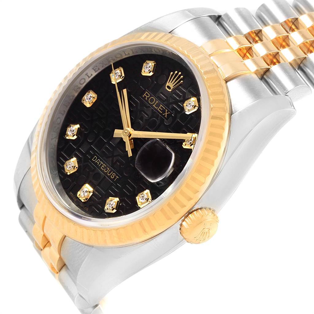 The image shows a side angle of a Rolex Datejust 116233 Men's Stainless Steel Black Dial 116233 Men's Stainless Steel Black Dial watch, highlighting its black dial, gold bezel, crown, and jubilee bracelet.