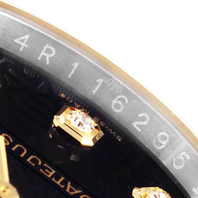 The image shows a close-up of the dial, diamonds, and partially the logo on a Rolex Datejust 116233 Men's Stainless Steel Black Dial 116233 Men's Stainless Steel Black Dial watch.