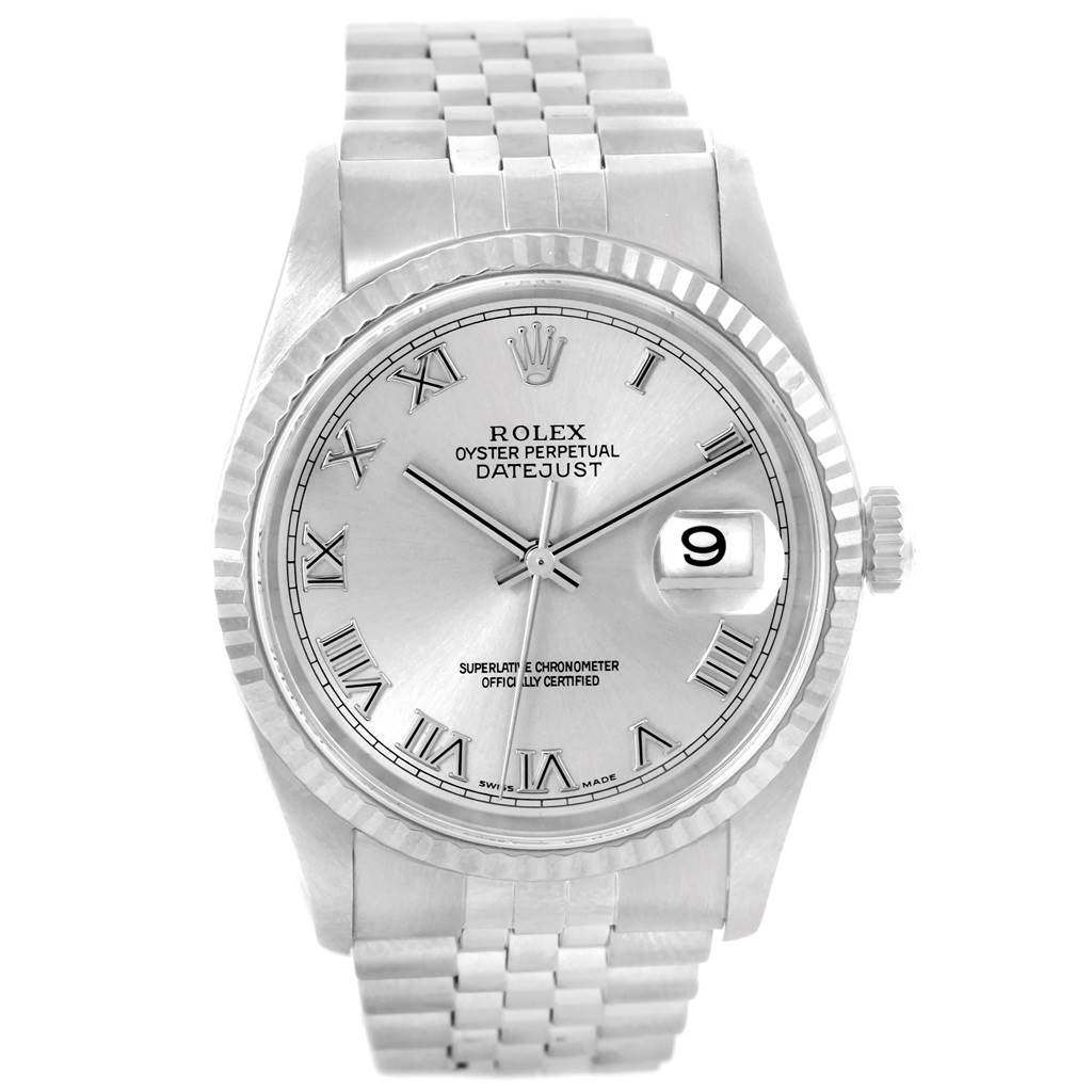 The image shows a front view of the Rolex Datejust 16234 Men
s Stainless Steel Silver Dial 16234 Men
s Stainless Steel Silver Dial watch, highlighting its face, bezel, and bracelet.