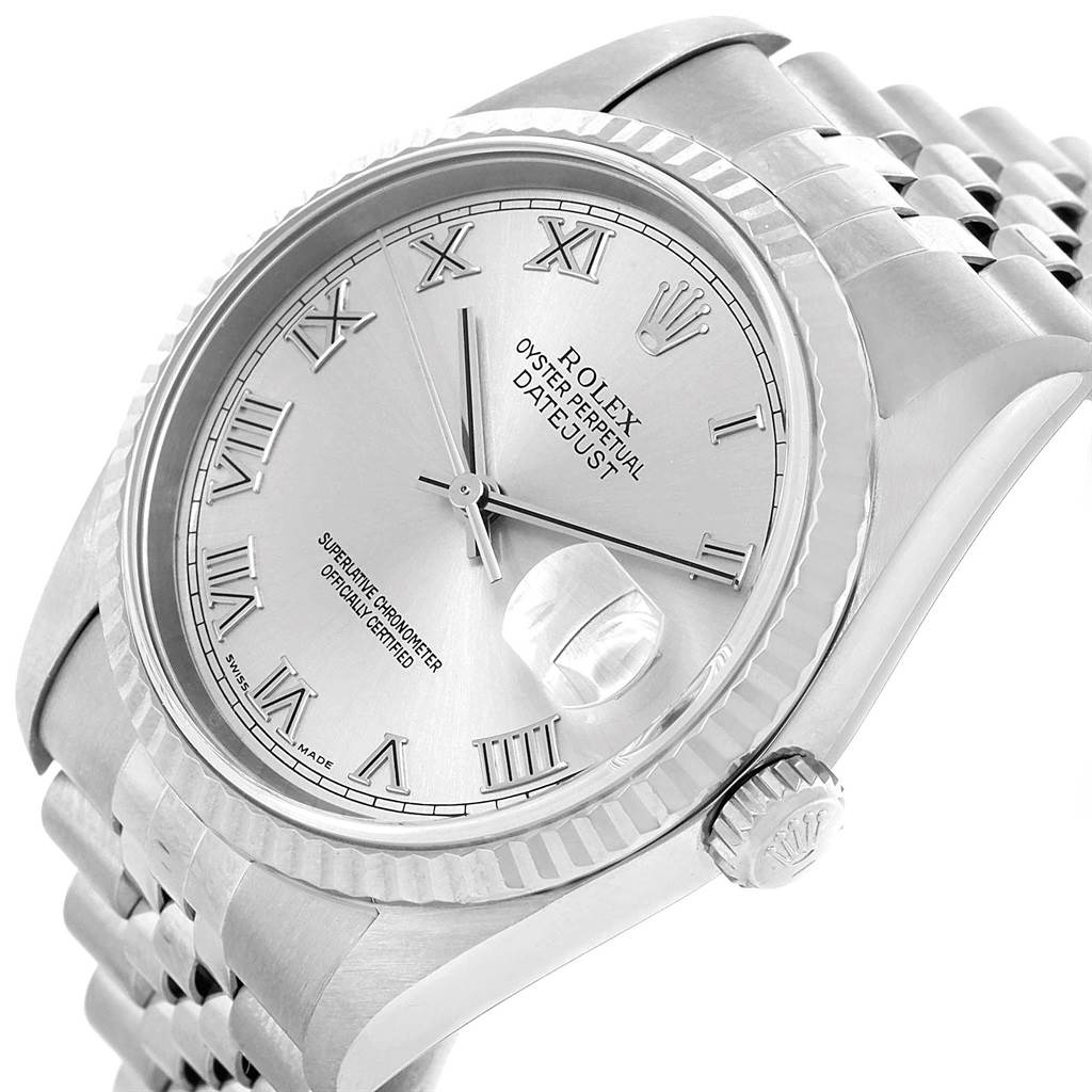 The image shows a close-up angled view of a Rolex Datejust 16234 Men
s Stainless Steel Silver Dial 16234 Men
s Stainless Steel Silver Dial watch, highlighting the dial, bezel, crown, and part of the bracelet.