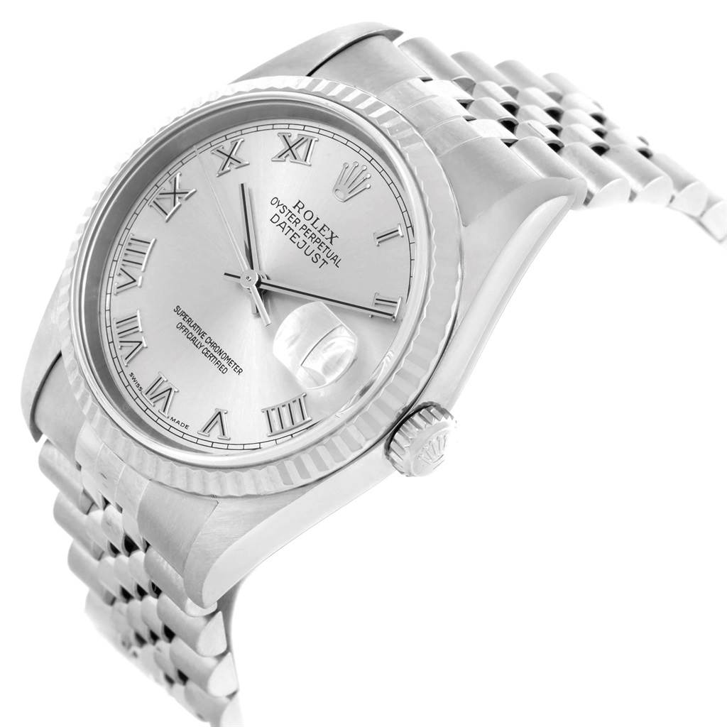 The angled image shows the dial, bezel, crown, and bracelet of the Rolex Datejust 16234 Men
s Stainless Steel Silver Dial 16234 Men
s Stainless Steel Silver Dial watch.