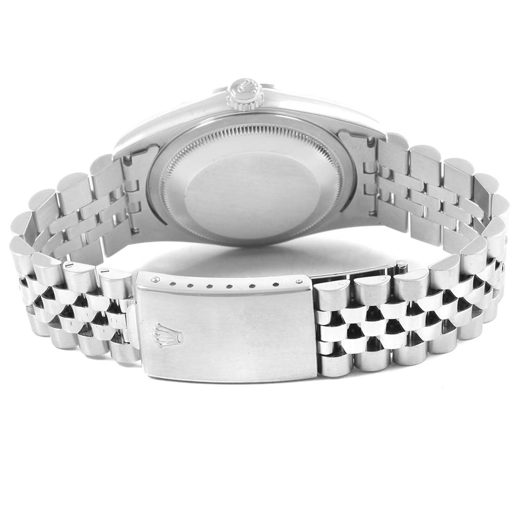 This image shows the back and bracelet clasp of a Rolex Datejust 16234 Men
s Stainless Steel Silver Dial 16234 Men
s Stainless Steel Silver Dial watch from a straight-on rear angle.