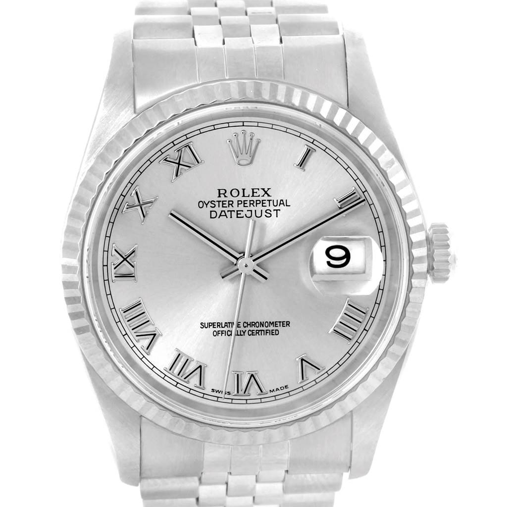 The image shows a front view of a Rolex Datejust 16234 Men
s Stainless Steel Silver Dial 16234 Men
s Stainless Steel Silver Dial watch, highlighting its dial, Roman numerals, fluted bezel, and bracelet.