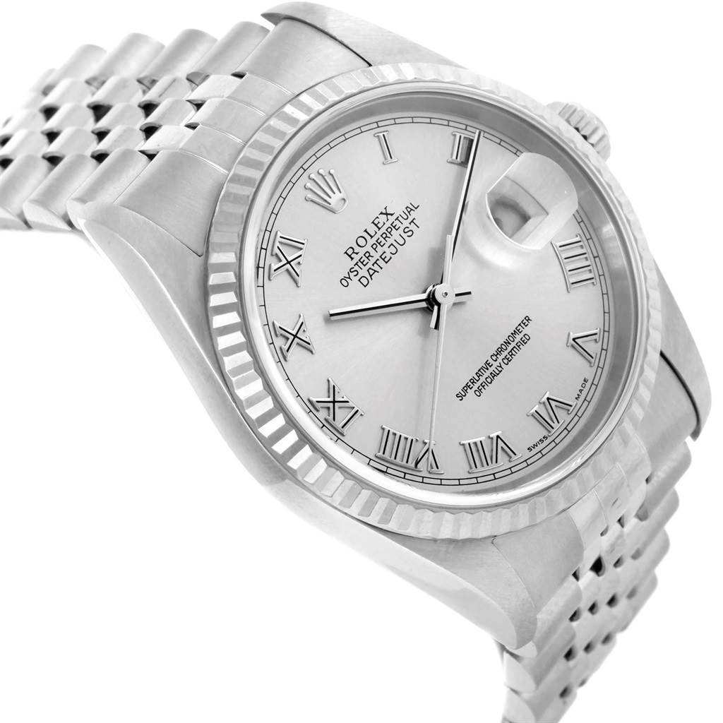 The image shows a Rolex Datejust 16234 Men
s Stainless Steel Silver Dial 16234 Men
s Stainless Steel Silver Dial watch from an angled top-left perspective, highlighting the dial, bezel, and part of the bracelet.