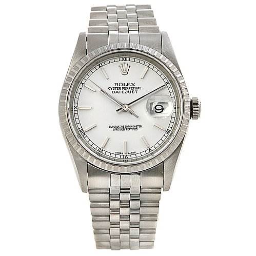 This image shows a front view of a Rolex Datejust 16220 Men's Stainless Steel White Dial 16220 Men's Stainless Steel White Dial model, featuring its dial, bezel, and bracelet.