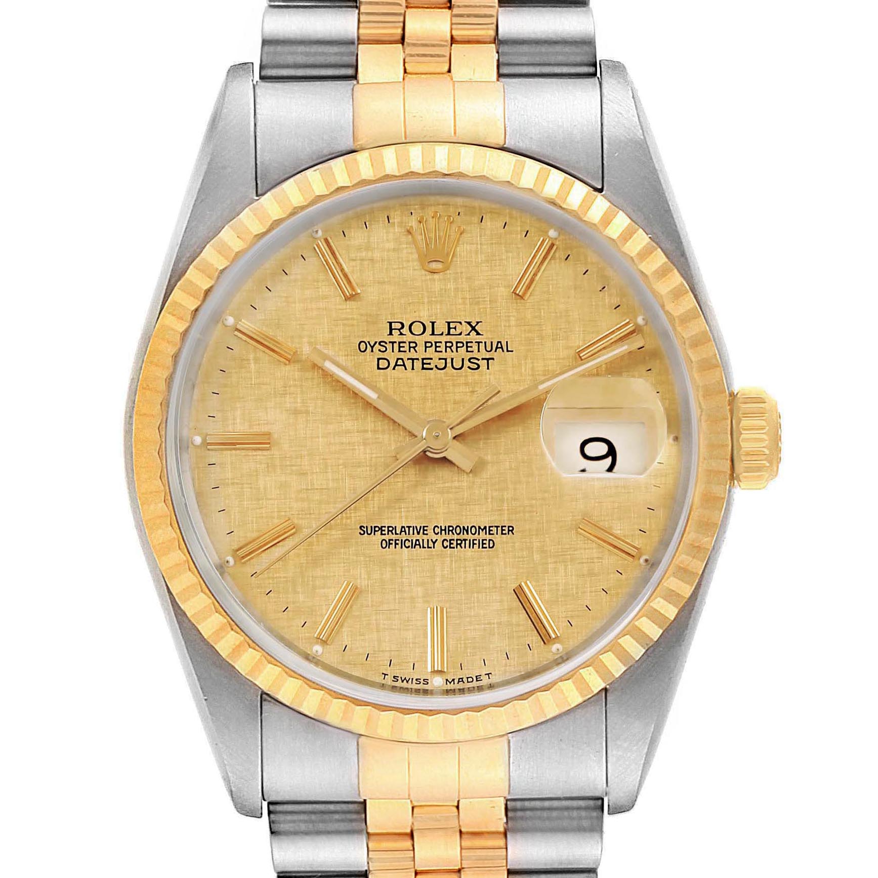 The image shows a front view of the Rolex Datejust 16233 Men's Steel and Gold (two tone) Champagne Dial 16233 Men's Steel and Gold (two tone) Champagne Dial, highlighting its dial, bezel, and part of the bracelet.