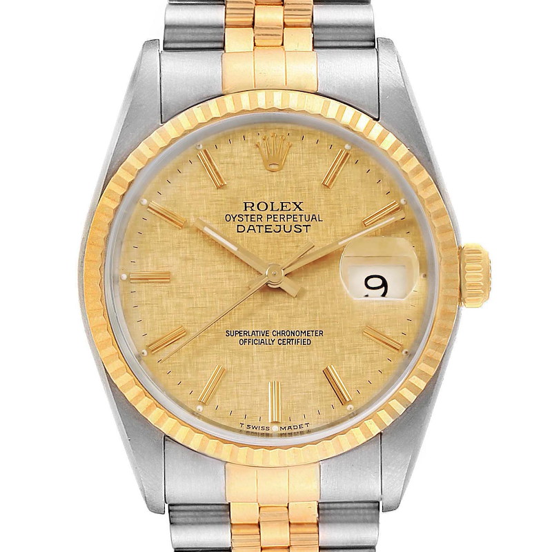 The image shows a front view of the Rolex Datejust, highlighting its dial, bezel, and part of the bracelet.