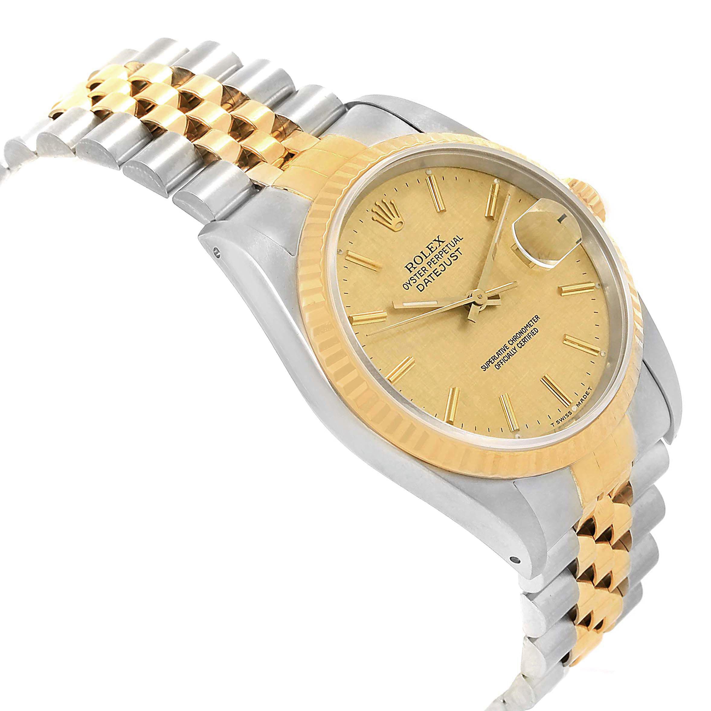 This image shows a side view of the Rolex Datejust 16233 Men's Steel and Gold (two tone) Champagne Dial 16233 Men's Steel and Gold (two tone) Champagne Dial, featuring the watch face, bezel, and part of the bracelet.