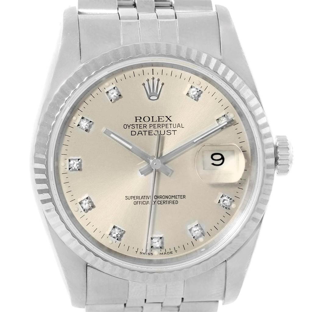 This image shows a front angle view of a Rolex Datejust 16234 Men
s Stainless Steel Silver Dial 16234 Men
s Stainless Steel Silver Dial watch, featuring its dial, hands, bezel, and bracelet.