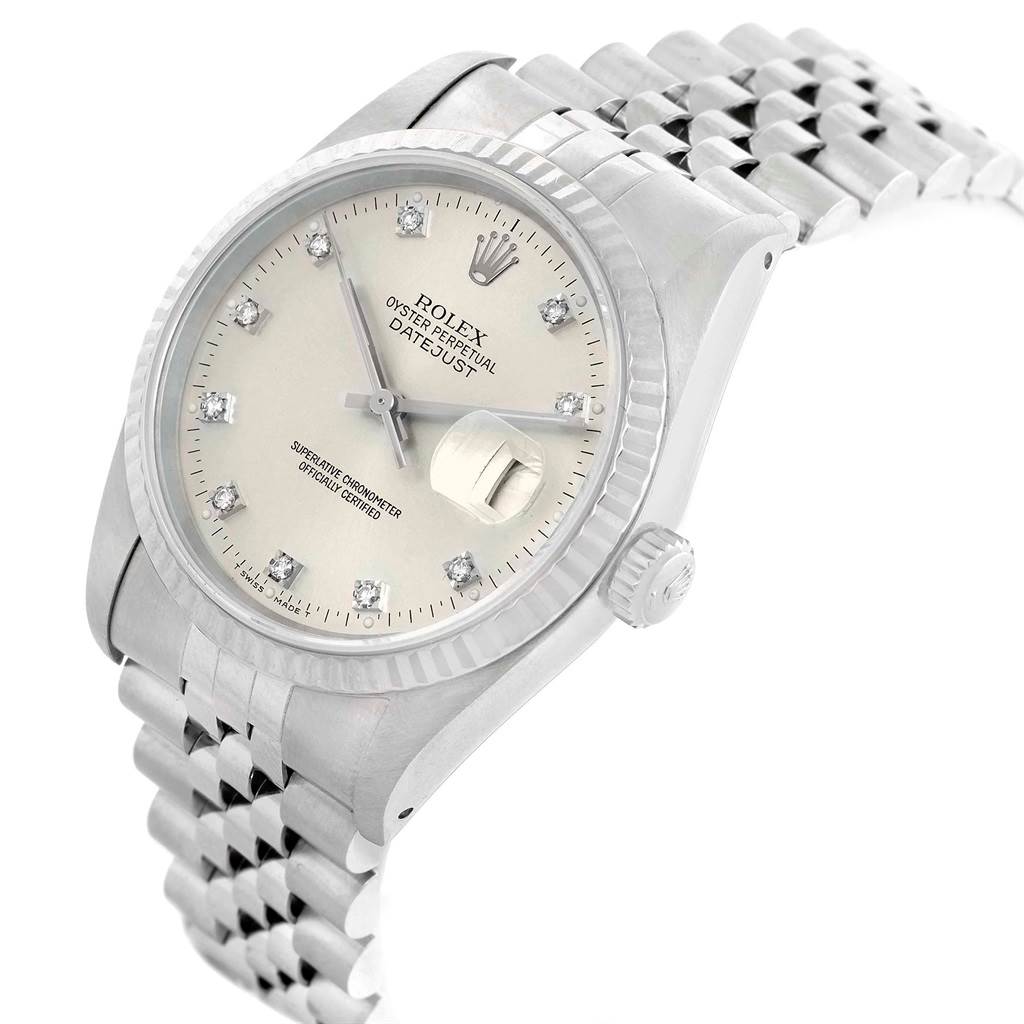 The Rolex Datejust 16234 Men
s Stainless Steel Silver Dial 16234 Men
s Stainless Steel Silver Dial watch is shown at a slight angle, highlighting the face, bezel, crown, and bracelet.