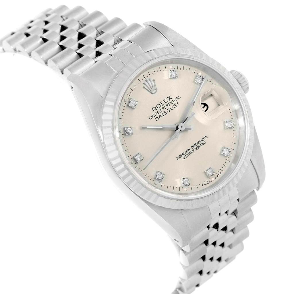 This Rolex Datejust 16234 Men
s Stainless Steel Silver Dial 16234 Men
s Stainless Steel Silver Dial watch is shown from an angled perspective, highlighting the dial, bezel, and part of the bracelet.