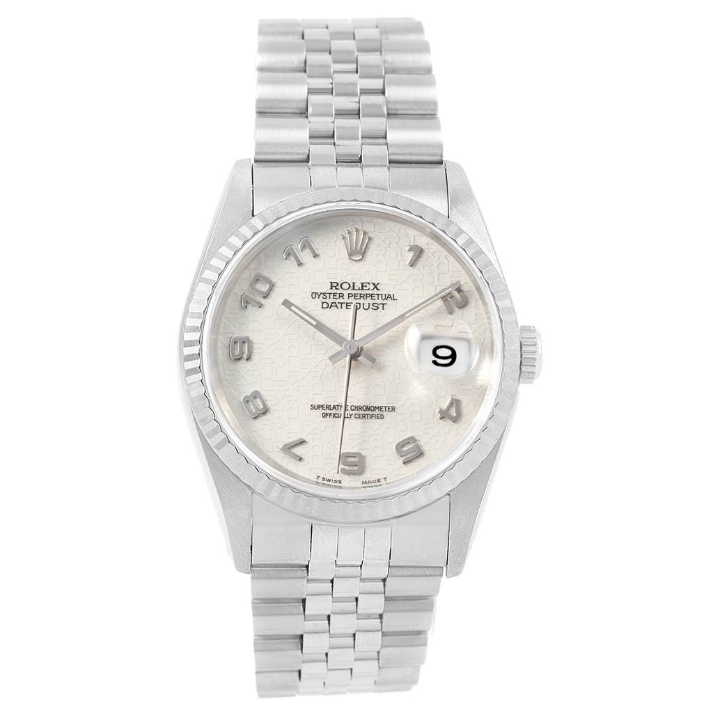 The image shows a front view of a Rolex Datejust 20800 Men
s Stainless Steel Silver Dial 20800 Men
s Stainless Steel Silver Dial watch, highlighting its dial, bezel, and bracelet.