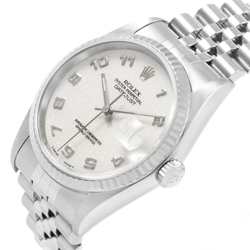 This image shows the Rolex Datejust 20800 Men
s Stainless Steel Silver Dial 20800 Men
s Stainless Steel Silver Dial watch at a slight angle, highlighting its dial, case, and bracelet.