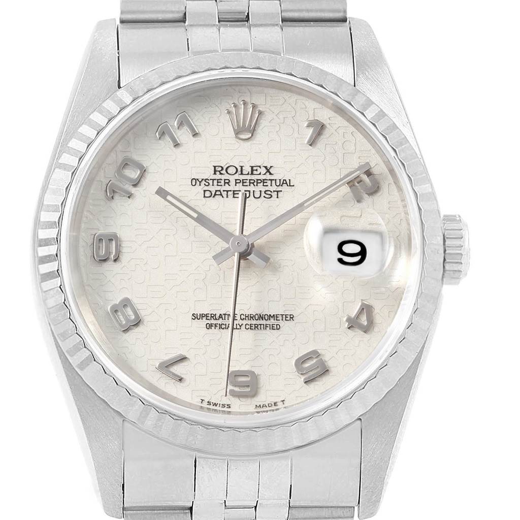 The image shows a front view of the Rolex Datejust 20800 Men
s Stainless Steel Silver Dial 20800 Men
s Stainless Steel Silver Dial watch, highlighting its dial, hands, date window, and bezel.